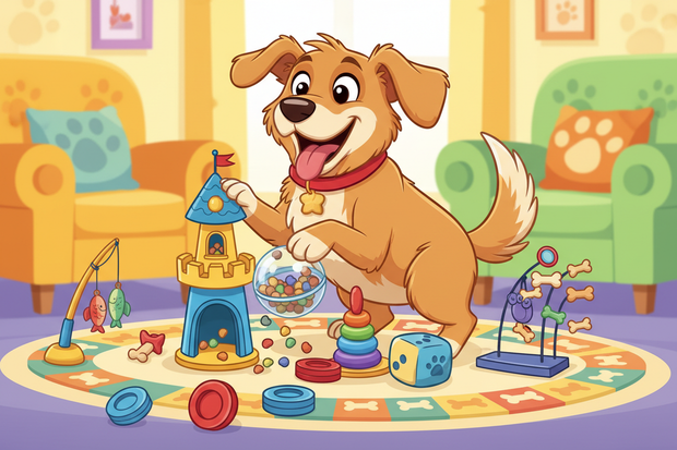 a cartoon dog playing with novelty games