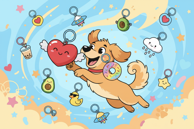 a cartoon dog playing with novelty key rings