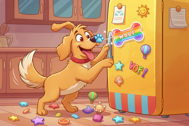 a cartoon dog playing with novelty magnets