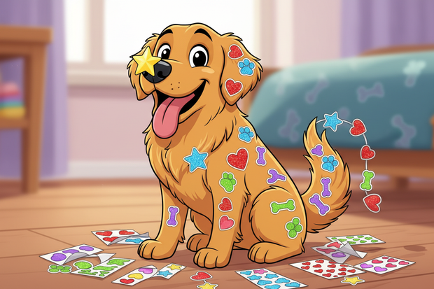 a cartoon dog playing with novelty stickers