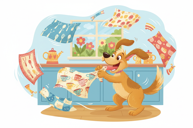 a cartoon dog playing with novelty tea towels