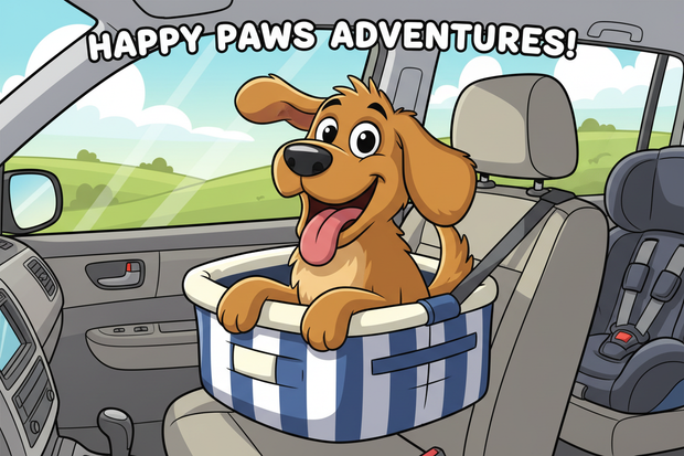 a cartoon dog riding in a travel basket in a car