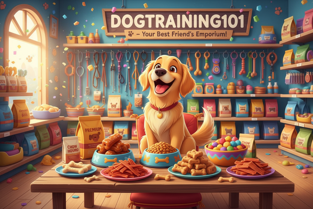 a cartoon dog sitting down to a smorgasbord of food in a dogtraining101 store