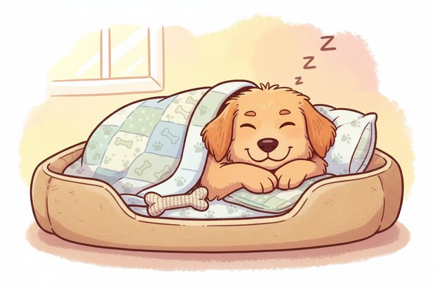 a cartoon dog sleeping in a rectangle bed