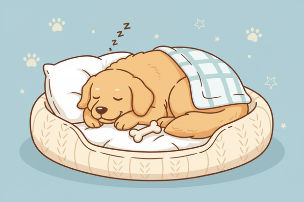 a cartoon dog sleeping in a round bed