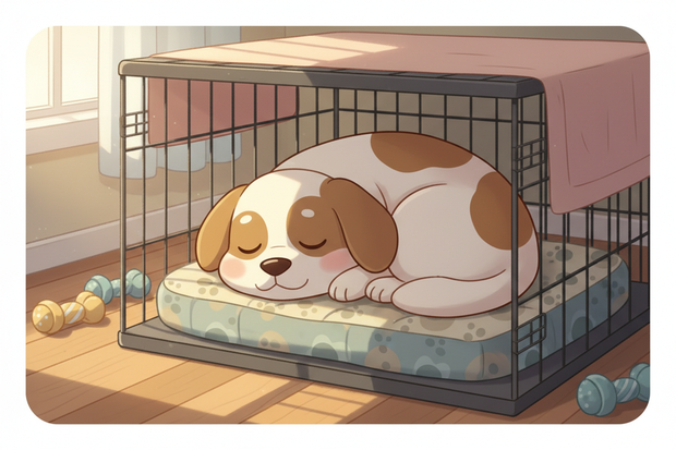 a cartoon dog sleeping on a crate mat