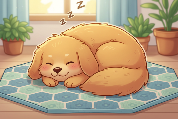 a cartoon dog sleeping on a hex mat