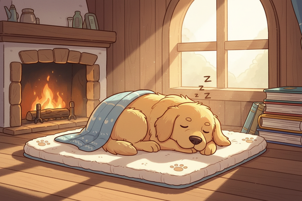 a cartoon dog sleeping on a plush mat