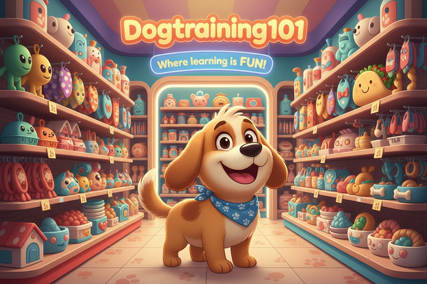 a cartoon dog surrounded by aisles of novelty items in a dogtraining101 store