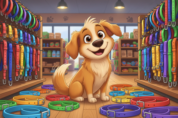 a cartoon dog surrounded by biothane dog collars in a store