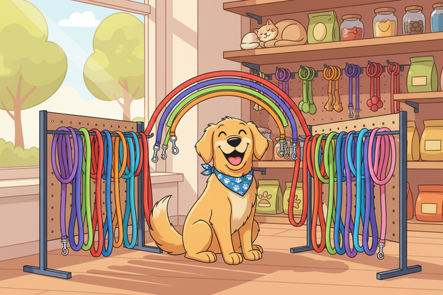 a cartoon dog surrounded by biothane leads in a shop