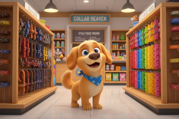 a cartoon dog surrounded by collars on shelves in a store
