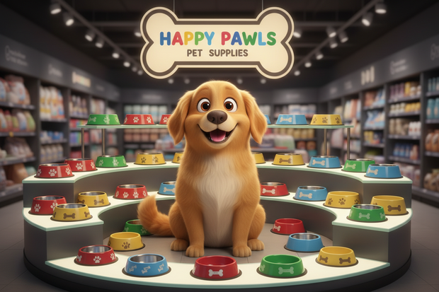 a cartoon dog surrounded by dog bowls neatly presented in a store