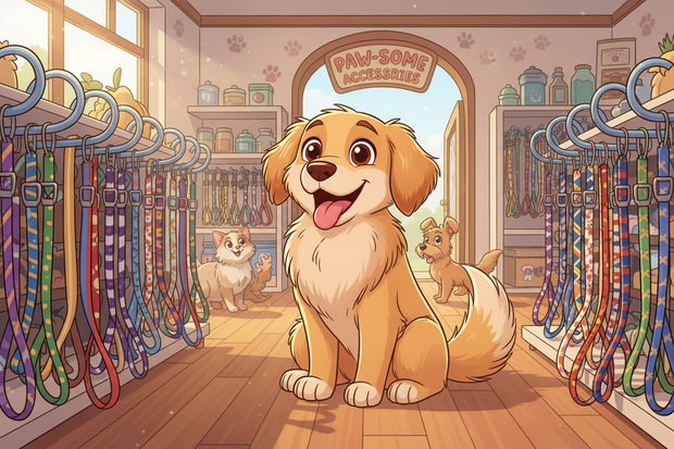 a cartoon dog surrounded by fancy pattern dog leads in a shop