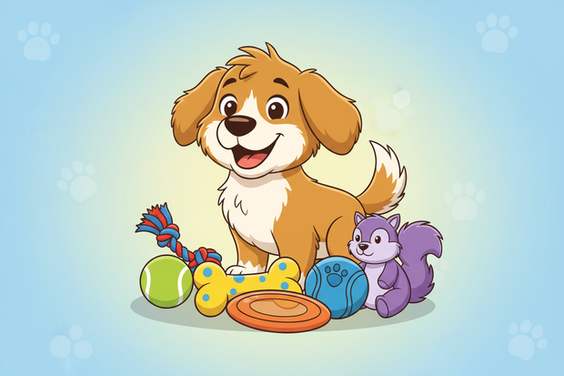 a cartoon dog surrounded by generic dog toys