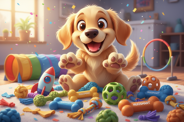 a cartoon dog surrounded by hugsmart toys