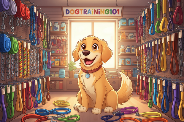 a cartoon dog surrounded by lots of different leads in a dogtraining101 store