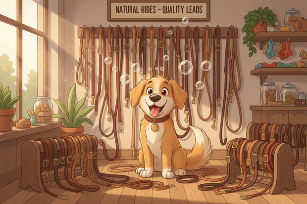 a cartoon dog surrounded by natural leather leads in a shop