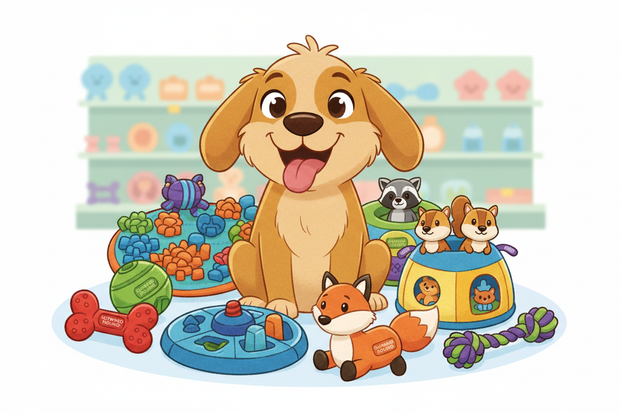 a cartoon dog surrounded by outward hound toys
