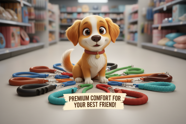 a cartoon dog surrounded by plain leads with premium handles