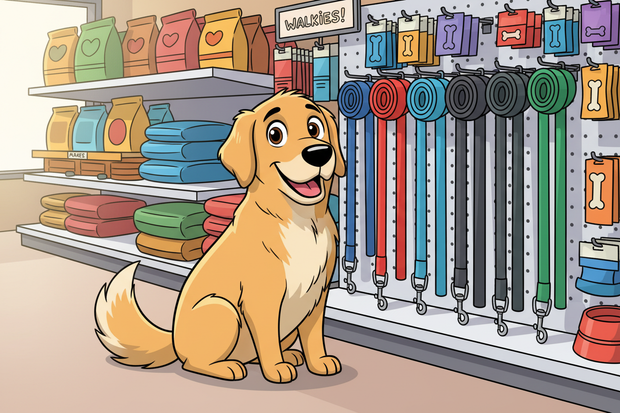 a cartoon dog surrounded by plain webbing dog leads in a store