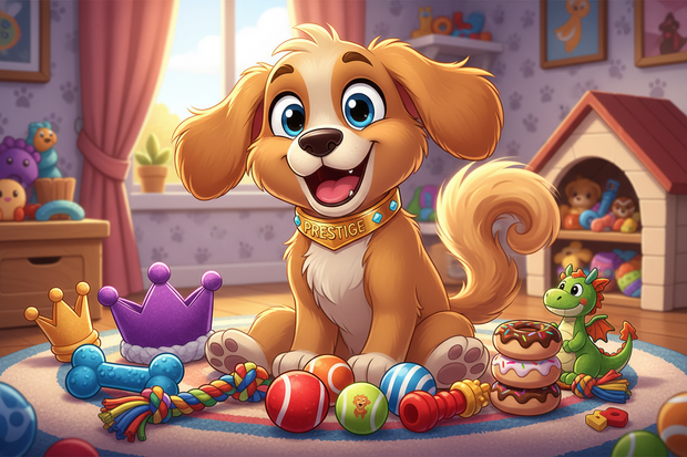 a cartoon dog surrounded by prestige pet dog toys