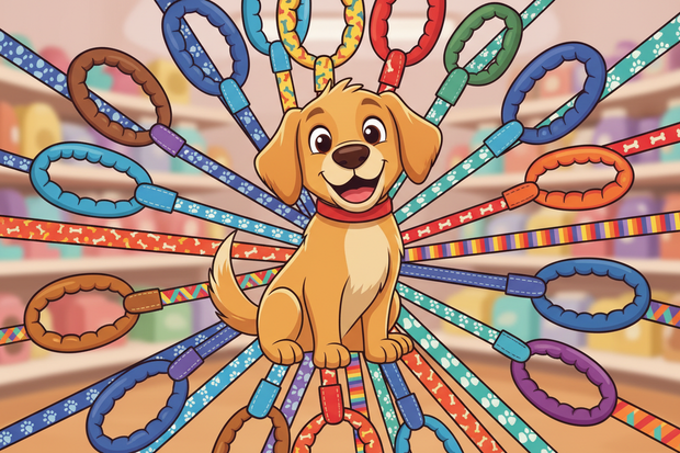 a cartoon dog surrounded by printed leads with premium handles