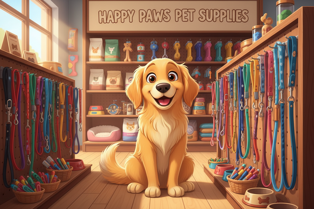 a cartoon dog surrounded by reactive leads in a shop