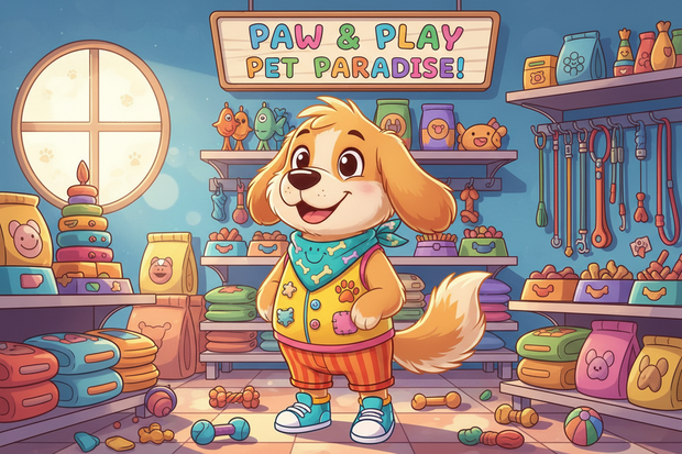 a cartoon dog wearing a fun outfit in a shop