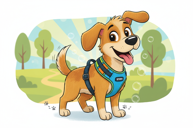 a cartoon dog wearing a sporn halter