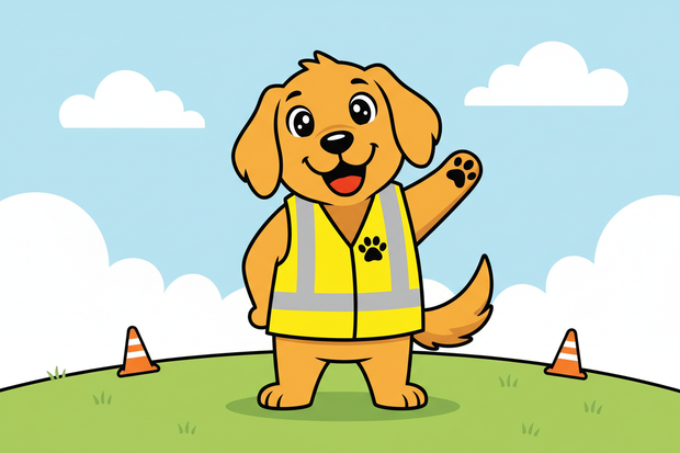 a cartoon dog wearing a warning vest
