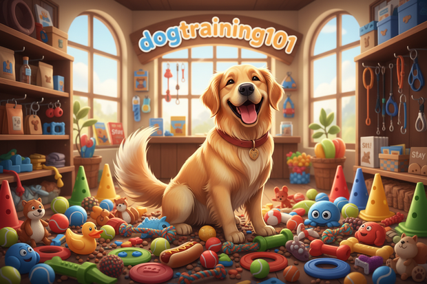 a cartoon dog with every type of toy around on the floor in a dogtraining101 store