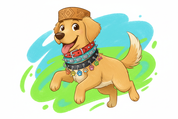 a cartoon dog with leather dog collars