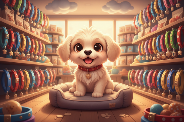 a cartoon puppy surrounded by puppy collars in a store