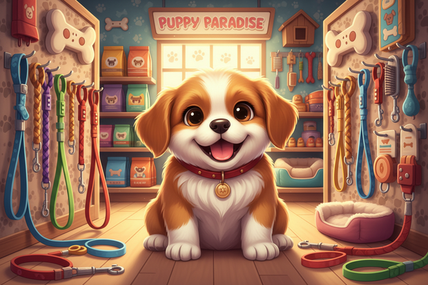 a cartoon puppy surrounded by puppy leads in a store