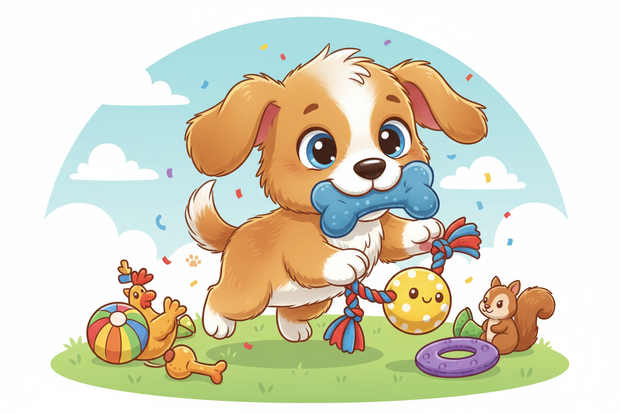 a cute cartoon puppy playing with dog toys
