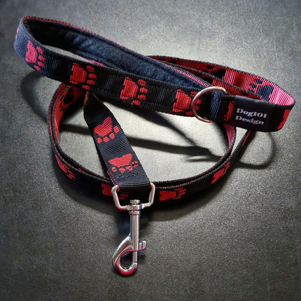 Adult Dog Premium Handle Fancy Red Paw - Black 1.5m x 25mm Lead image 0