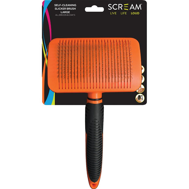 Scream SELF-CLEANING SLICKER BRUSH Loud Orange - Large 20x10cm image 0