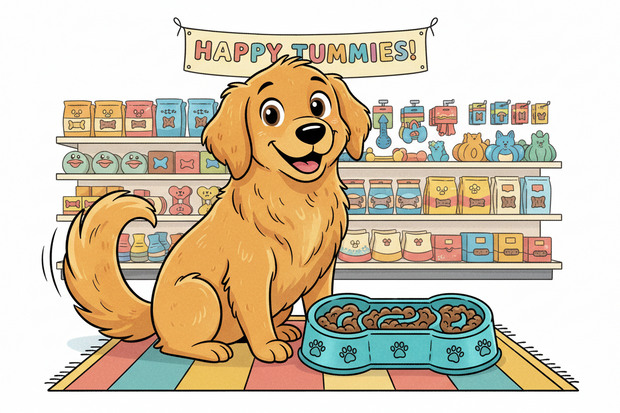 cartoon dog with a slow eating bowl