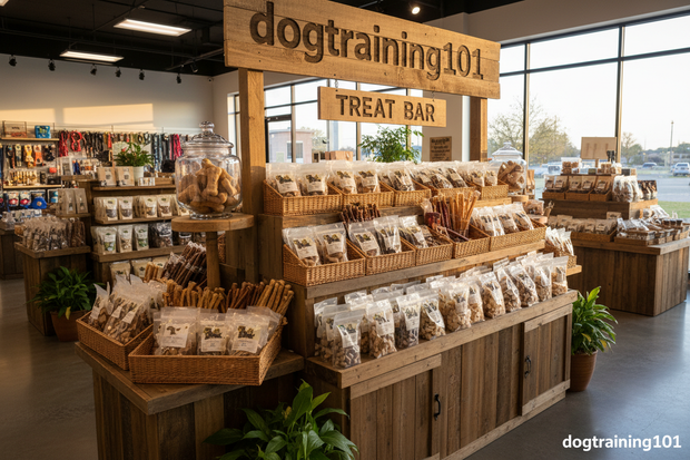 extensive range of dog treats beautifully displayed in rustic wooden stands inside a dogtraining101 store