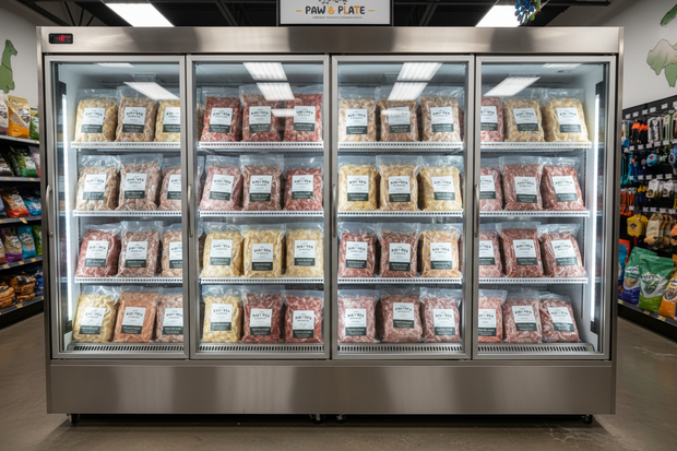 frozen animal body parts for dog food displayed in a freezer